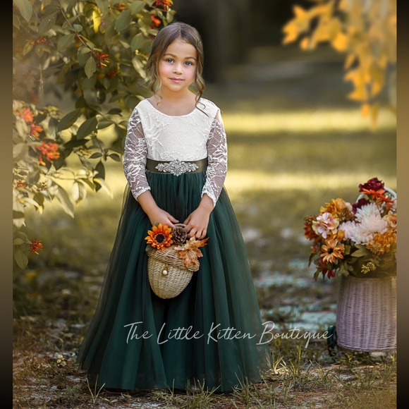 Olive Green tulle flower girl dress, Fall Flower Girl Dress, rustic lace, boho - Picture 2 of 11